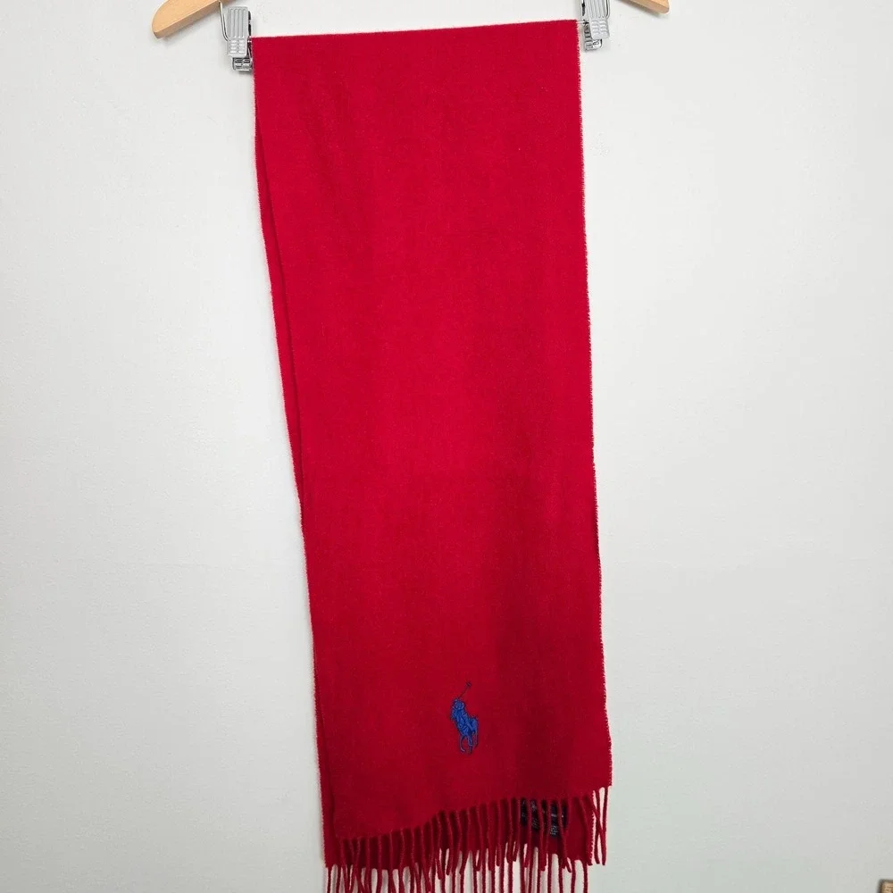 Vintage Polo Ralph Lauren Mens Quiet Luxury Lambswool Fringe Scarf Red Americana